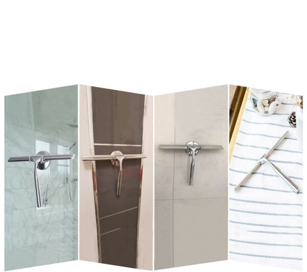 RACLETTE INOX POUR DOUCHE ET BAIGNOIRE AVEC CROCHET MURAL AUTO-ADHÉSIF