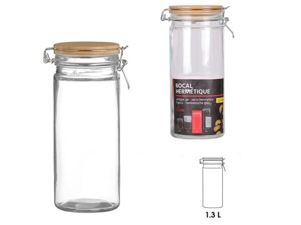 Pot de Rangement 1,3 Litres Bocaux de Cuisine Hermétique en Verre avec Couvercle en Bambou Clip avec Joint D’étanchéité ( vendu par lot de 4 )