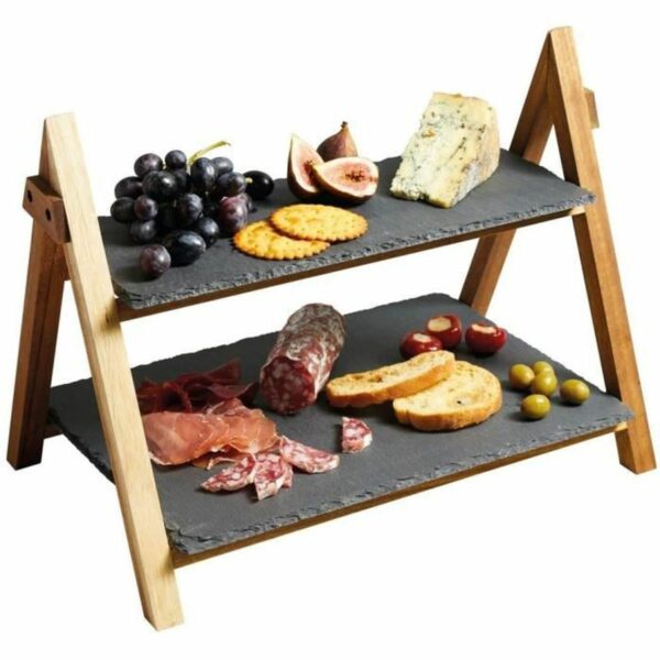 PRESENTOIR 2 ETAGES EN ARDOISE AVEC SUPPORT EN BOIS 33X17CM hapygood, pas cher