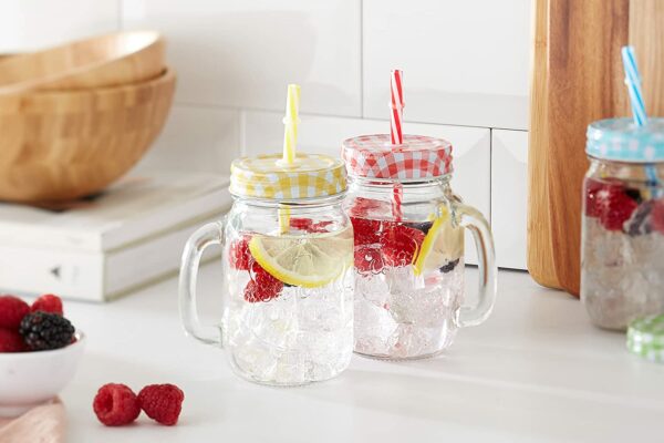 Mug APERO Mini Mise en Bouche ( lot de 6 ) Verrine Amuse Gueule en Verre avec Poignée, Couvercle t Paille en Damier Rouge 420 ML hapygood
