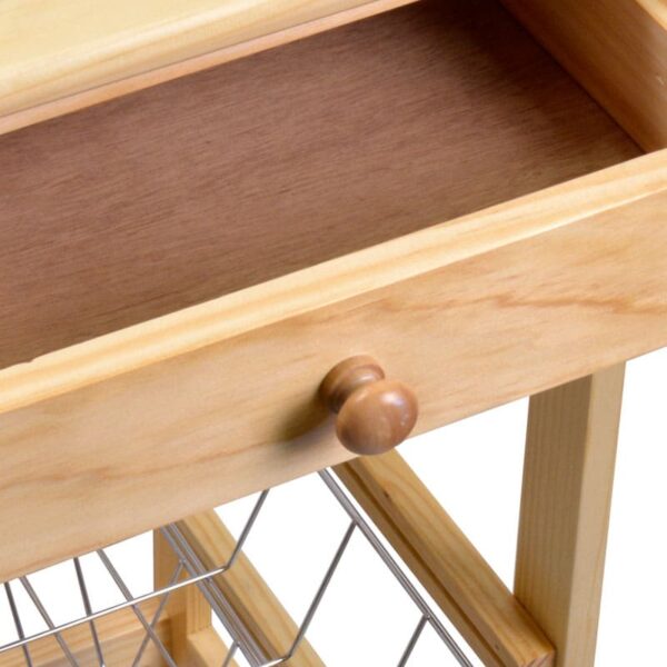 Desserte de Cuisine Bois Naturel et Métal Chariot de Service à Roulettes Meuble Multi-Usages Avec Panier
