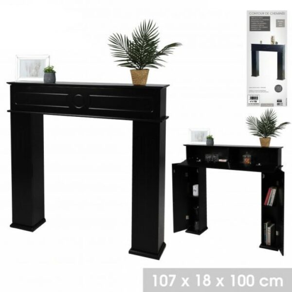 Encadrement Contour de Cheminée Noir en Bois 3 Portes Avec Etagères Intérieur – 107 x 18 x H.100 cm