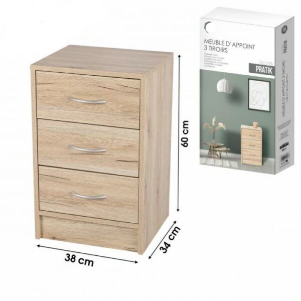 Commode 3 tiroirs en Mélaminé, Meuble de Chambre à Coucher ou Séjour, Meuble Moderne Chêne