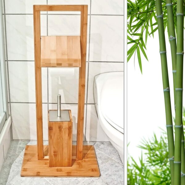 Serviteur WC en Bambou 80 x 20 x 32 cm Dérouleur Papier Toilette avec Brosse WC Ensemble WC Sur Pied
