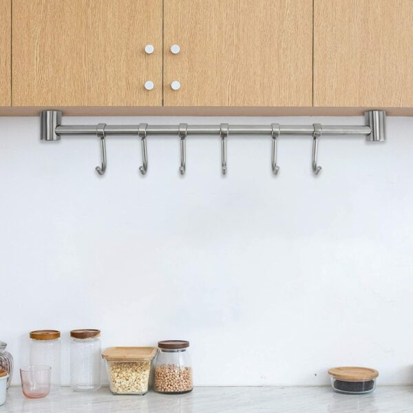 Barre de Suspension de Cuisine en Acier Inoxydable avec 8 Crochets 54 cm