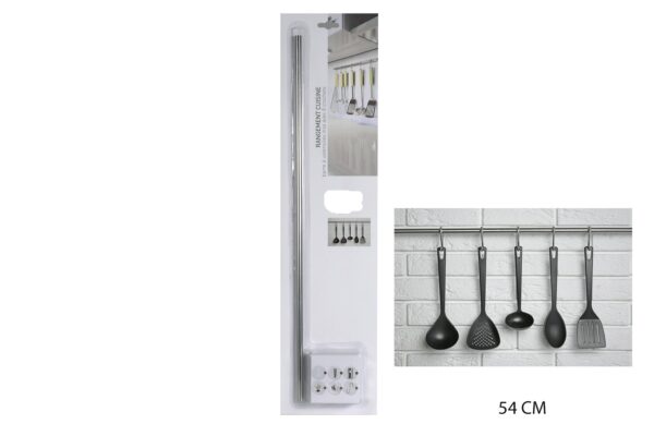 Barre de Suspension de Cuisine en Acier Inoxydable avec 8 Crochets 54 cm