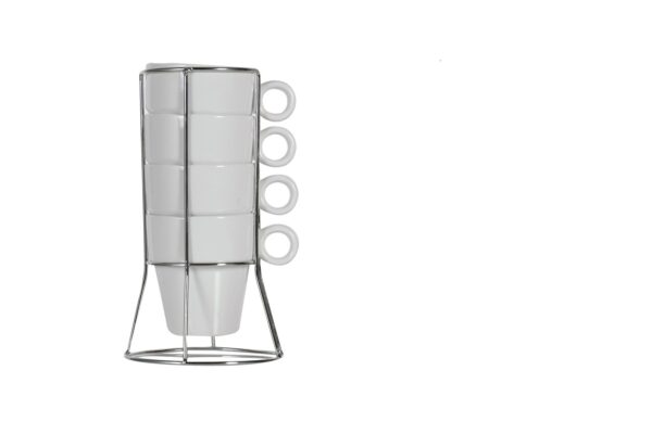 Lot de 4 Tasses à Café Blanche Expresso 22 cl Empilable Avec Support Inox