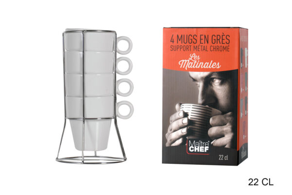 4 Tasses Expresso Blanche 22 cl Empilable Avec Support Inox