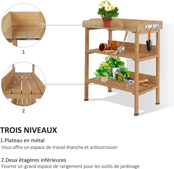 Table de Rempotage en Bois Avec 2 Etagères 3 Crochets Outils Table de Jardinage Plateau tôle Acier galvanisé